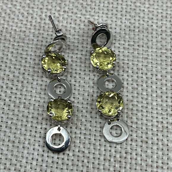 Vintage KN 925 Sterling Silver Yellow-Green Gemstone Dangle Earrings - Picture 8 of 17